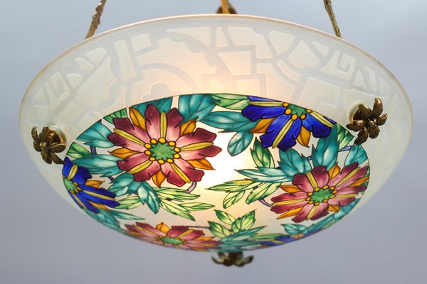 Art Deco Enameled Floral Glass and Bronze Pendant Light from Loys Lucha, 1930s-KEG-1154495