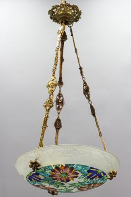 Art Deco Enameled Floral Glass and Bronze Pendant Light from Loys Lucha, 1930s-KEG-1154495