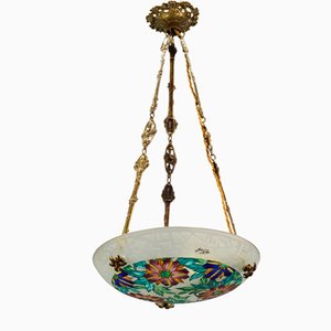 Art Deco Enameled Floral Glass and Bronze Pendant Light from Loys Lucha, 1930s-KEG-1154495