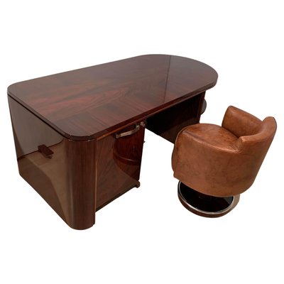 Art Deco Executive Desk and Leather Swivel Chair, Rosewood Veneer, France, 1930s, Set of 2-NNB-1083343