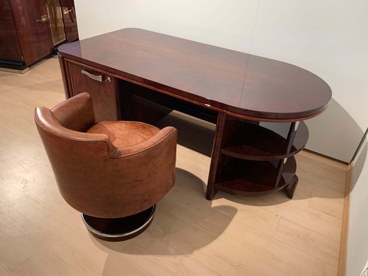 Art Deco Executive Desk and Leather Swivel Chair, Rosewood Veneer, France, 1930s, Set of 2-NNB-1083343