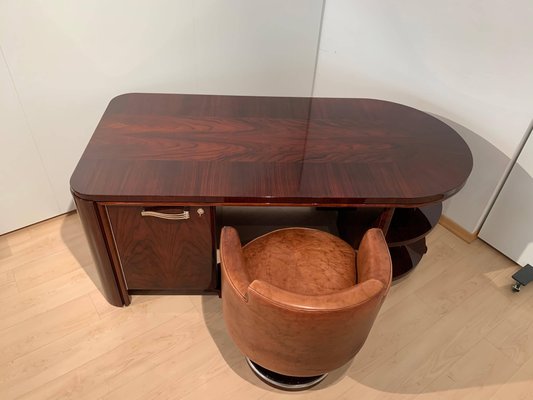 Art Deco Executive Desk and Leather Swivel Chair, Rosewood Veneer, France, 1930s, Set of 2-NNB-1083343