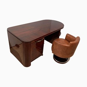 Art Deco Executive Desk and Leather Swivel Chair, Rosewood Veneer, France, 1930s, Set of 2-NNB-1083343