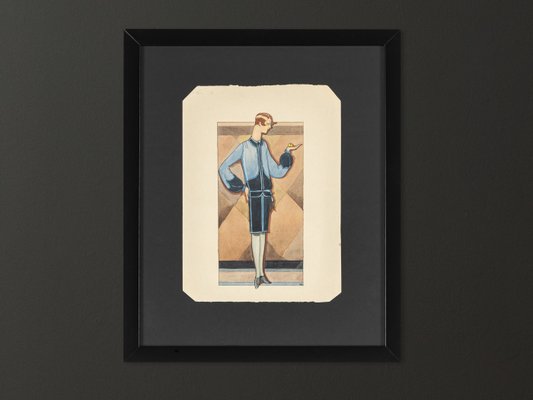 Art Deco Fashion Drawing, Gouache on Paper, Framed-GPP-1091644