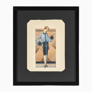 Art Deco Fashion Drawing, Gouache on Paper, Framed-GPP-1091644