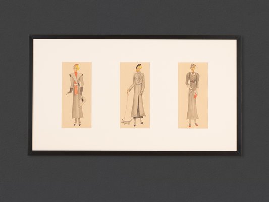 Art Deco Fashion Drawings I, Gouache on Paper, Framed-GPP-1066565