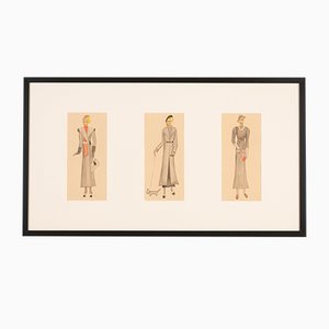 Art Deco Fashion Drawings I, Gouache on Paper, Framed-GPP-1066565