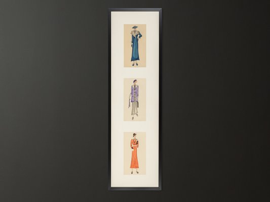 Art Deco Fashion Drawings III, 1920s, Gouache on Paper, Framed, Set of 3-GPP-1079989