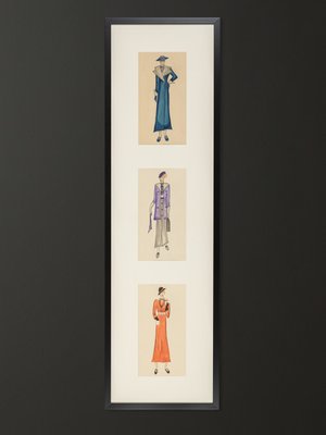 Art Deco Fashion Drawings III, 1920s, Gouache on Paper, Framed, Set of 3-GPP-1079989