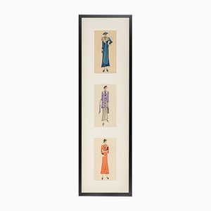 Art Deco Fashion Drawings III, 1920s, Gouache on Paper, Framed, Set of 3-GPP-1079989