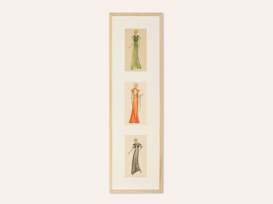 Art Deco Fashion Drawings IV, 1920s, Gouache on Paper, Framed, Set of 3-GPP-1080000