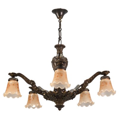 Art Deco Five-Light Bronze and Glass Floral Motif Chandelier, 1920s-KEG-1122994