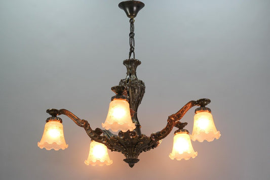 Art Deco Five-Light Bronze and Glass Floral Motif Chandelier, 1920s