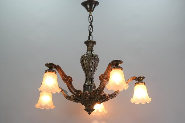 Art Deco Five-Light Bronze and Glass Floral Motif Chandelier, 1920s-KEG-1122994