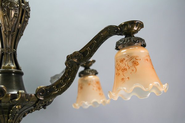 Art Deco Five-Light Bronze and Glass Floral Motif Chandelier, 1920s-KEG-1122994