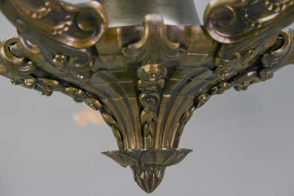 Art Deco Five-Light Bronze and Glass Floral Motif Chandelier, 1920s-KEG-1122994