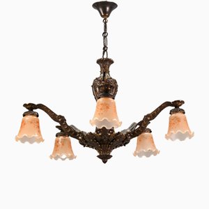 Art Deco Five-Light Bronze and Glass Floral Motif Chandelier, 1920s-KEG-1122994