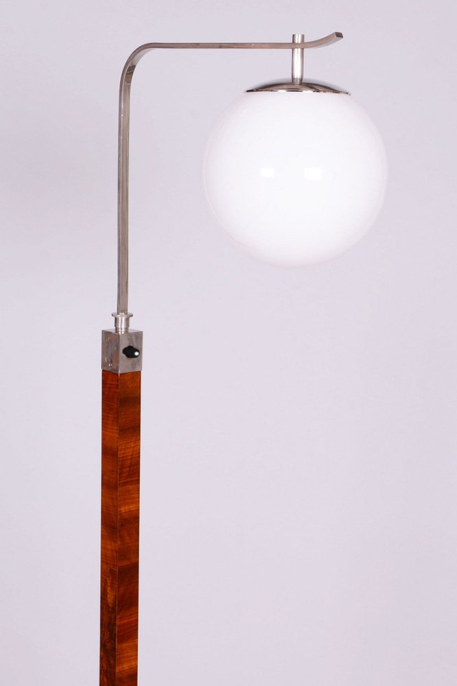 Art Deco Floor Lamp in Walnut, Chrome-Plated Steel & Glass, Czechia, 1930s