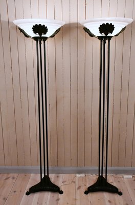 Art Deco Floor Lamps in Bronze Metal and Frosted Glass Shades, 1990s, Set of 2-UDU-1820178