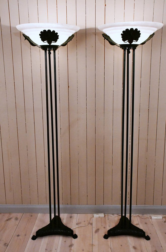 Art Deco Floor Lamps in Bronze Metal and Frosted Glass Shades, 1990s, Set of 2