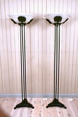 Art Deco Floor Lamps in Bronze Metal and Frosted Glass Shades, 1990s, Set of 2-UDU-1820178