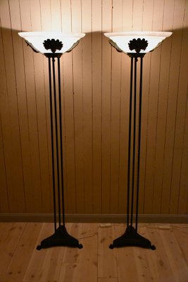 Art Deco Floor Lamps in Bronze Metal and Frosted Glass Shades, 1990s, Set of 2-UDU-1820178