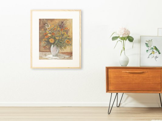 Art Deco Flowers, Watercolor on Thick Paper, Framed-GPP-1091623