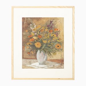 Art Deco Flowers, Watercolor on Thick Paper, Framed-GPP-1091623