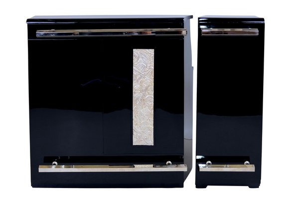 Art Deco French Black Lacquer with Side Element Dry Bar, 1930s, Set of 2-CXC-1401507