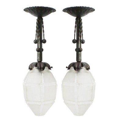 Art Deco French Brass Frosted Cut Glass Ceiling Lamps, 1920s, Set of 2-BLS-2016412