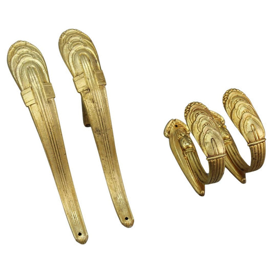 Art Deco French Bronze Curtain Rod Support Brackets and Tiebacks, 1930s, Set of 4