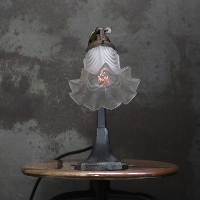 Art Deco French Cast Iron & Frosted Glass Table Light, 1920s-BLS-2016417