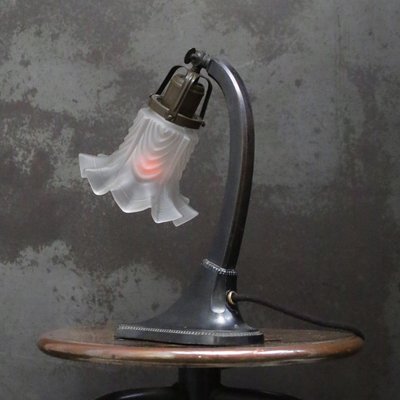 Art Deco French Cast Iron & Frosted Glass Table Light, 1920s-BLS-2016417