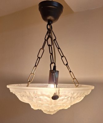 Art Deco French Ceiling Lamp with Matt Pressed Glass Lampshade with Floral Decoration on Brass Mount by Degue, 1930s-HOI-2043202