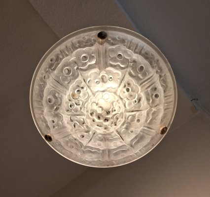 Art Deco French Ceiling Lamp with Matt Pressed Glass Lampshade with Floral Decoration on Brass Mount by Degue, 1930s-HOI-2043202