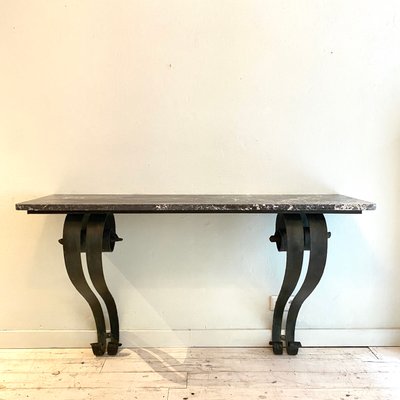 Art Deco French Console Table in Forged Metal and Marble by Raymond Subes, 1925-FB-1000216