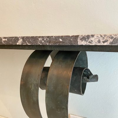 Art Deco French Console Table in Forged Metal and Marble by Raymond Subes, 1925-FB-1000216