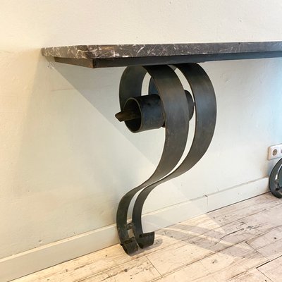 Art Deco French Console Table in Forged Metal and Marble by Raymond Subes, 1925-FB-1000216