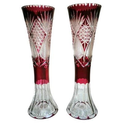 Art Deco French Cut and Grinded Lead Crystal Vases in the Style of Saint Louis, Set of 2-QRS-1314918