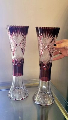 Art Deco French Cut and Grinded Lead Crystal Vases in the Style of Saint Louis, Set of 2-QRS-1314918