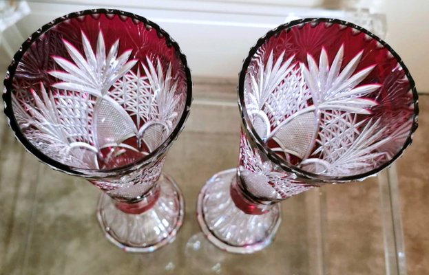 Art Deco French Cut and Grinded Lead Crystal Vases in the Style of Saint Louis, Set of 2-QRS-1314918