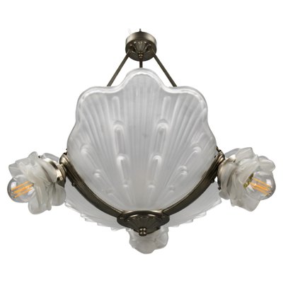 Art Deco French Four-Light White Frosted Glass Shell Ceiling Lamp, 1930s-KEG-1403881