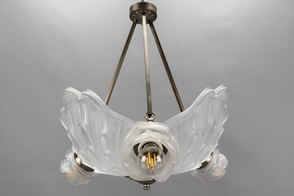 Art Deco French Four-Light White Frosted Glass Shell Ceiling Lamp, 1930s-KEG-1403881