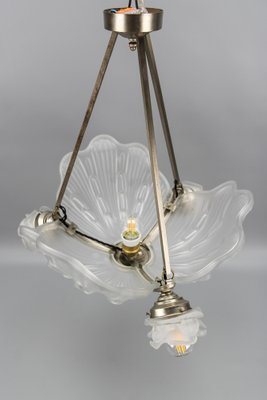 Art Deco French Four-Light White Frosted Glass Shell Ceiling Lamp, 1930s-KEG-1403881