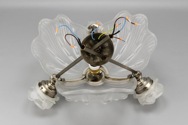 Art Deco French Four-Light White Frosted Glass Shell Ceiling Lamp, 1930s-KEG-1403881