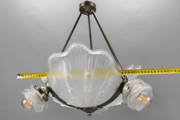 Art Deco French Four-Light White Frosted Glass Shell Ceiling Lamp, 1930s-KEG-1403881