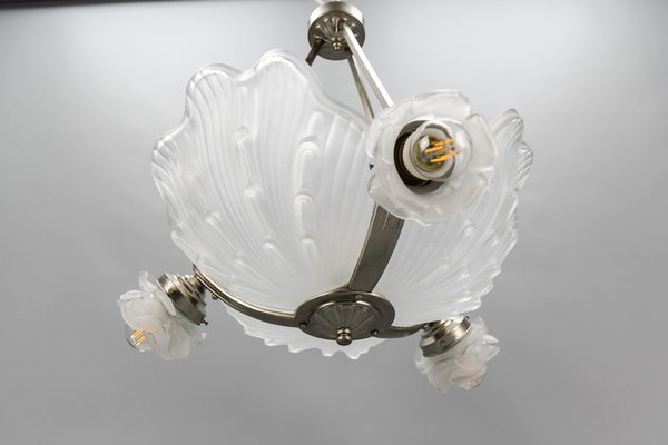 Art Deco French Four-Light White Frosted Glass Shell Ceiling Lamp, 1930s-KEG-1403881