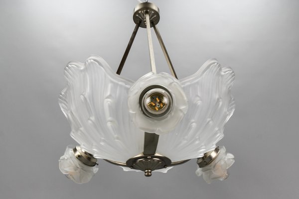 Art Deco French Four-Light White Frosted Glass Shell Ceiling Lamp, 1930s-KEG-1403881