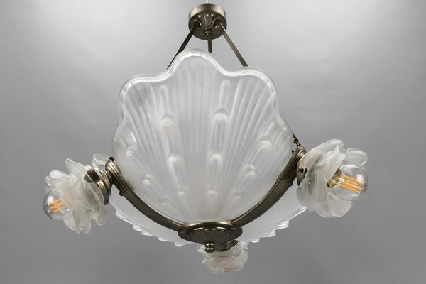 Art Deco French Four-Light White Frosted Glass Shell Ceiling Lamp, 1930s-KEG-1403881