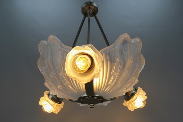 Art Deco French Four-Light White Frosted Glass Shell Ceiling Lamp, 1930s-KEG-1403881